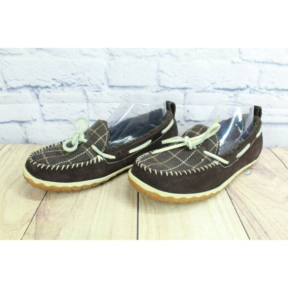 LL Bean Plaid Lined Brown Suede Shearling Lined Moccasin Slippers Size 8 M - Picture 2 of 9